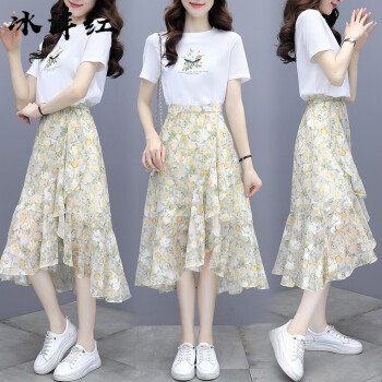 冰洋红新款连衣裙子夏天衣服女装夏季碎花裙女士小个子雪纺短袖套装上衣+裙子【一套】L(建议100-110斤)	