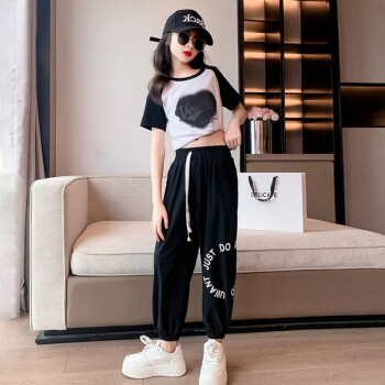 乐漫咪女童运动套装夏装新款洋气时髦童装儿童女大童短袖两件套夏季黑色套装150cm	