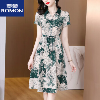 爱心东东罗蒙（ROMON）今年流行碎花连衣裙夏季新款时尚印花西装领短袖休闲风A字裙图片色-811_有口袋L_建议100-115斤	