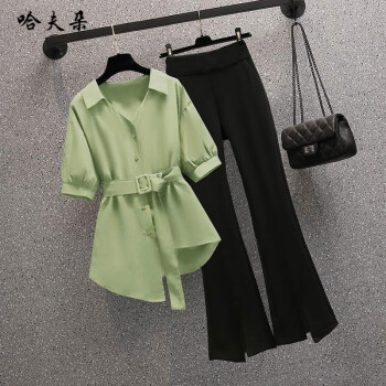 哈夫朵大码女装年夏季新款宽松显瘦减龄百搭时尚胖MM短袖衬衫女潮868绿色上衣【单件】4XL【建议180-200斤】	