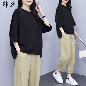 韩丝梵大码女装短袖t恤女夏季新款韩版港味洋气减龄宽松显瘦胖MM潮5036黑色上衣3XL【建议150-170斤】	