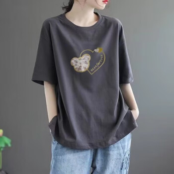 爱心东东皮尔卡丹（pierrecardin）年韩版纯棉上衣宽松大尺码休闲减龄全棉短袖t恤女时尚百搭夏灰色-爱心米奇L116~130斤	