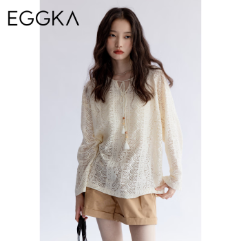 EGGKA镂空系带针织衫女薄款春夏年新款设计感度假风宽松上衣杏色均码	